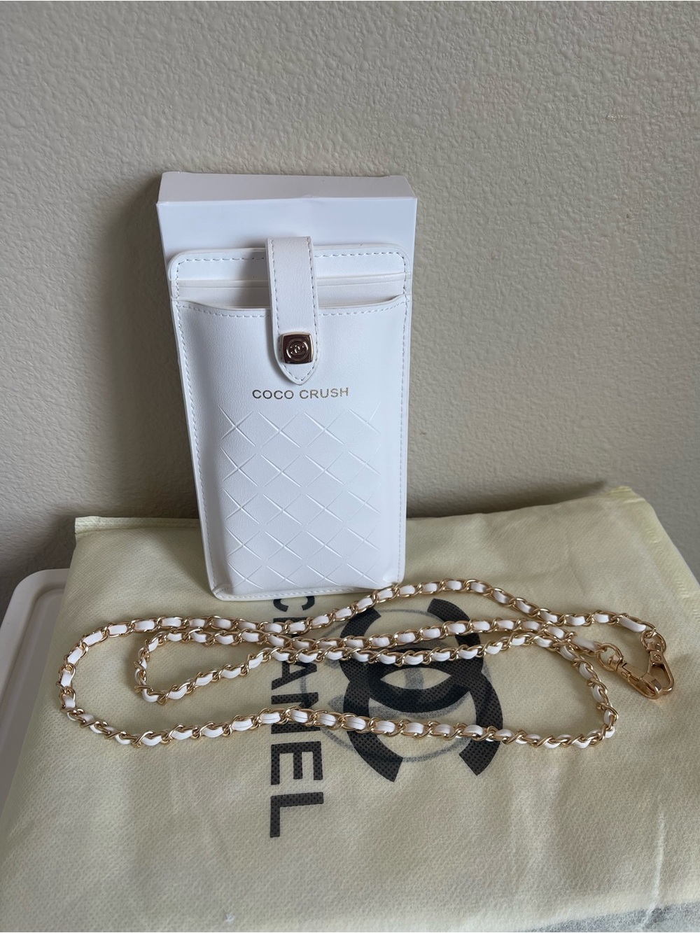 Coco Crush White Leather Chain Crossbody Phone Pouch NIB